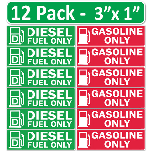 12 Pack Combo Diesel Gasoline Fuel Only -3"x1" Fuel Identification Labels - Vinyl Fuel Tanks, Tractors, Excavators, Construction Equipment