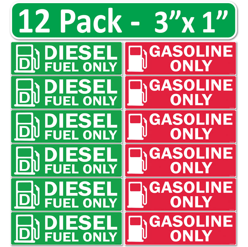 12 Pack Combo Diesel Gasoline Fuel Only -3"x1" Fuel Identification Labels - Vinyl Fuel Tanks, Tractors, Excavators, Construction Equipment