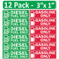 12 Pack Combo Diesel Gasoline Fuel Only -3"x1" Fuel Identification Labels - Vinyl Fuel Tanks, Tractors, Excavators, Construction Equipment