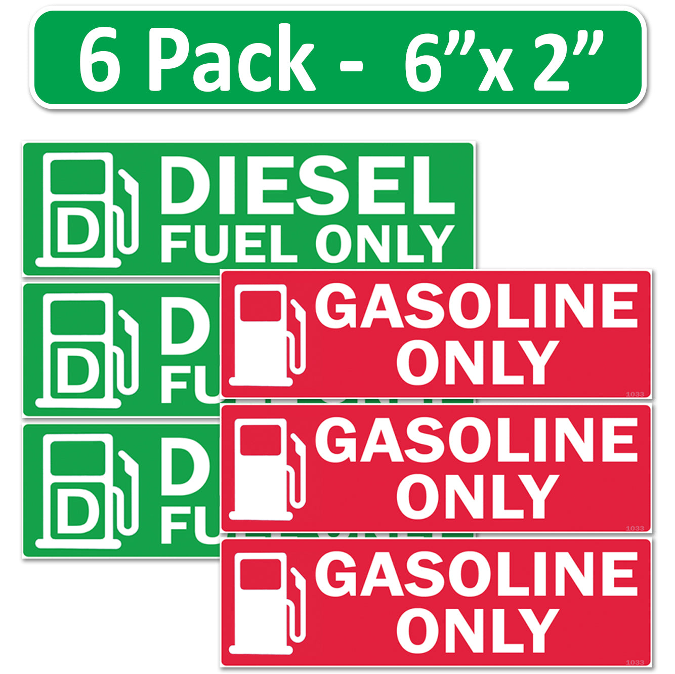 6 Pack Combo Diesel Gasoline Fuel Only - 6"x2" Fuel Identification Labels - Vinyl Fuel Tanks, Tractors, Excavators, Construction Equipment