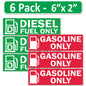 6 Pack Combo Diesel Gasoline Fuel Only - 6"x2" Fuel Identification Labels - Vinyl Fuel Tanks, Tractors, Excavators, Construction Equipment