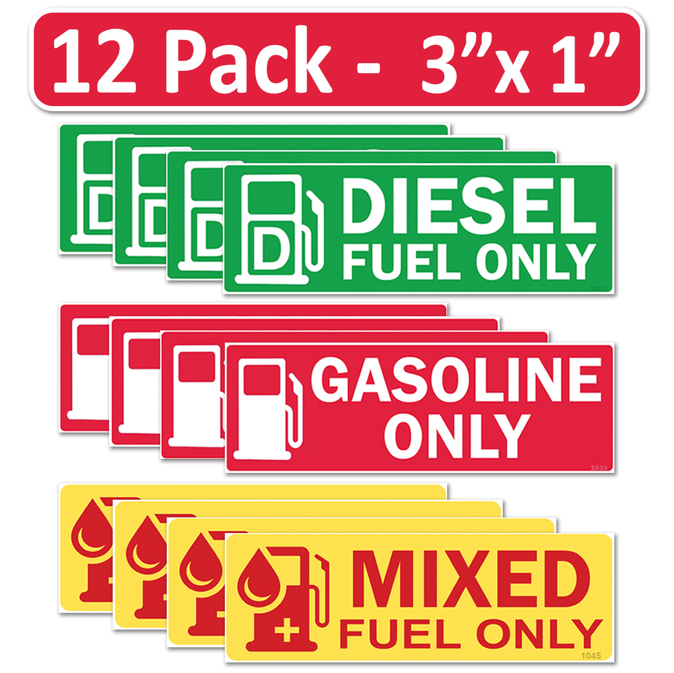 12 Pack Combo Diesel Gasoline Mixed Fuel Only - 3"x1" Fuel Identification Labels - Vinyl Fuel Tanks, Tractors, Excavators, Construction Equipment