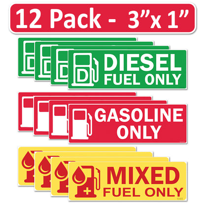 12 Pack Combo Diesel Gasoline Mixed Fuel Only - 3"x1" Fuel Identification Labels - Vinyl Fuel Tanks, Tractors, Excavators, Construction Equipment