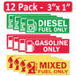 12 Pack Combo Diesel Gasoline Mixed Fuel Only - 3"x1" Fuel Identification Labels - Vinyl Fuel Tanks, Tractors, Excavators, Construction Equipment