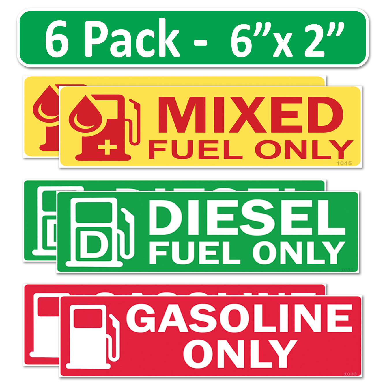 6 Pack Combo Diesel Gasoline Mixed Fuel Only - 6"x2" Fuel Identification Labels - Vinyl Fuel Tanks, Tractors, Excavators, Construction Equipment