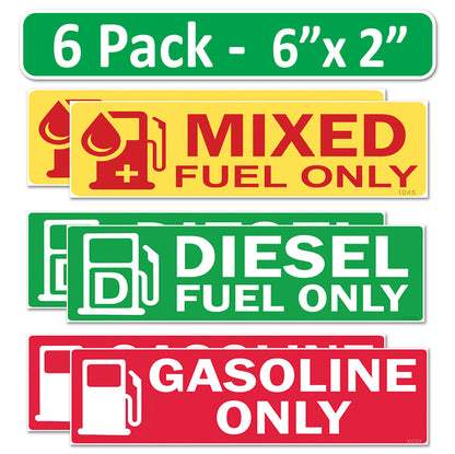 6 Pack Combo Diesel Gasoline Mixed Fuel Only - 6"x2" Fuel Identification Labels - Vinyl Fuel Tanks, Tractors, Excavators, Construction Equipment