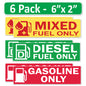 6 Pack Combo Diesel Gasoline Mixed Fuel Only - 6"x2" Fuel Identification Labels - Vinyl Fuel Tanks, Tractors, Excavators, Construction Equipment