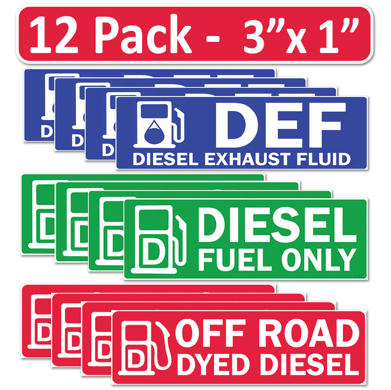 12 Pack Combo Diesel DEF Off Road Dyed Fuel - 3"x1" Fuel Identification Labels - Vinyl for Fuel Tanks, Tractors, Excavators, Construction Equipment