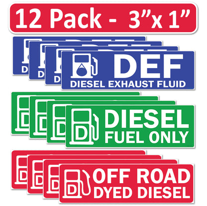 12 Pack Combo Diesel DEF Off Road Dyed Fuel - 3"x1" Fuel Identification Labels - Vinyl for Fuel Tanks, Tractors, Excavators, Construction Equipment