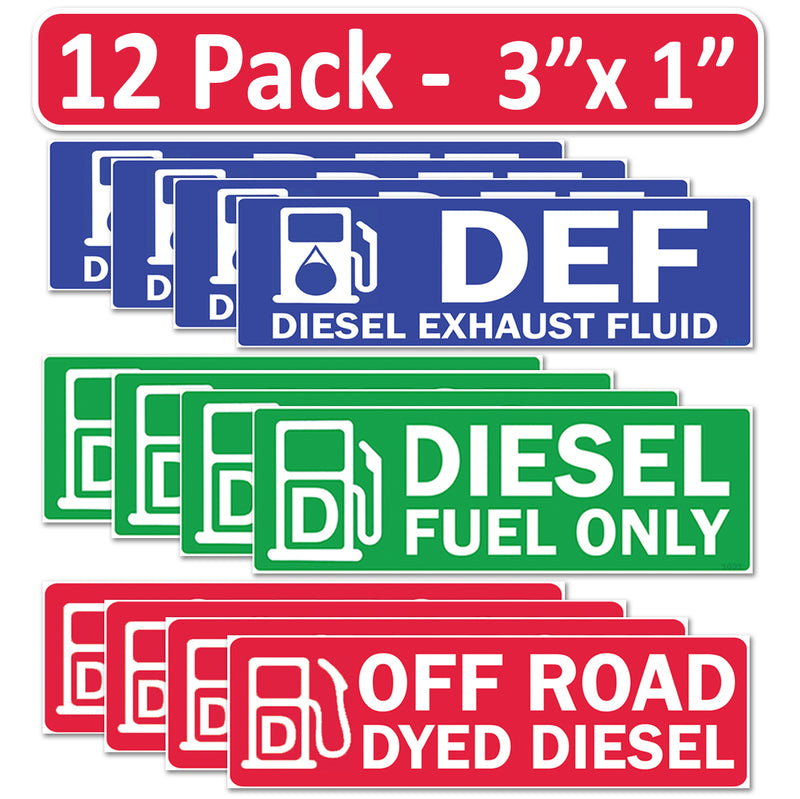 12 Pack Combo Diesel DEF Off Road Dyed Fuel - 3"x1" Fuel Identification Labels - Vinyl for Fuel Tanks, Tractors, Excavators, Construction Equipment