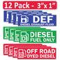 12 Pack Combo Diesel DEF Off Road Dyed Fuel - 3"x1" Fuel Identification Labels - Vinyl for Fuel Tanks, Tractors, Excavators, Construction Equipment