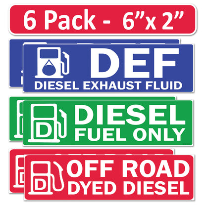 6 Pack Combo Diesel DEF Off Road Dyed Fuel Only - 6"x2" Fuel Identification Labels - Vinyl Fuel Tanks, Tractors, Excavators, Construction Equipment