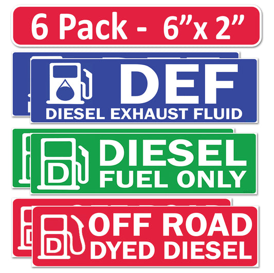 6 Pack Combo Diesel DEF Off Road Dyed Fuel Only - 6"x2" Fuel Identification Labels - Vinyl Fuel Tanks, Tractors, Excavators, Construction Equipment
