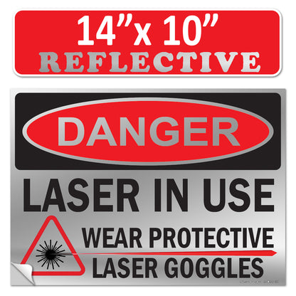 Danger Laser In Use Wear Protective Goggles Eyerwear OSHA WARNING Safety Hazard Label Sign Decal 6 mil Laminated Engineer Grade UV Protected ANSI NFPA Weather Resistant Indoor Outdoor