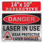 Danger Laser In Use Wear Protective Goggles Eyerwear OSHA WARNING Safety Hazard Label Sign Decal 6 mil Laminated Engineer Grade UV Protected ANSI NFPA Weather Resistant Indoor Outdoor