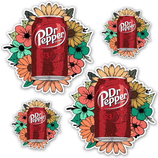 4 Pack (Two 4" & Two 6") Vinyl Label Decal Stickers for Dr Pepper Fans- Waterproof Weatherproof Laminated Soda Logo for Cars, Trucks, Laptops, Windows