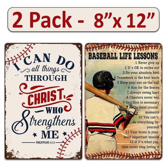 2 Pack  8"x12" Vintage Baseball Wall Decor Laminated Vinyl Decals "I Can Do" & "Life Lessons" Unique Gift Baseball Lovers Coaches Sports Fans Art Bedroom Garage Man Cave Poster Home Décor