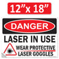 Danger Laser In Use Wear Protective Goggles Eyerwear OSHA WARNING Safety Hazard Label Sign Decal 6 mil Laminated Engineer Grade UV Protected ANSI NFPA Weather Resistant Indoor Outdoor