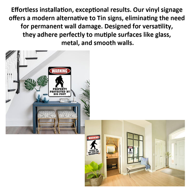 2 Pack  8"x12" Vintage Funny Bigfoot Man Cave Signs Laminated Vinyl Decals "Do Not Feed" & "Protected by Bigfoot" Unique Gift Home Man Caves Garages Garden Wall Art Décor Poster Rustic