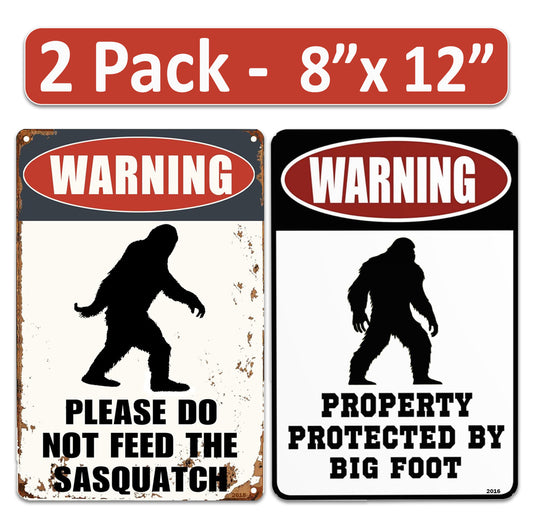 2 Pack  8"x12" Vintage Funny Bigfoot Man Cave Signs Laminated Vinyl Decals "Do Not Feed" & "Protected by Bigfoot" Unique Gift Home Man Caves Garages Garden Wall Art Décor Poster Rustic