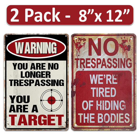 2 Pack  8"x12" Vintage Funny Signs Vinyl Laminated Decals "No Trespassing" Unique Gift Man Caves Wall Art Yard Garages Garden Outdoor/Indoor Home Décor Poster Humor Rustic Look