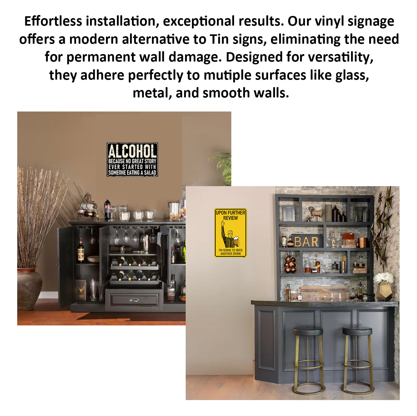 2 Pack  8"x12" Vintage Funny Bar Signs Vinyl Laminated Decals "No Great Story Started with Salad" & "Need Another Drink" Unique Gift Beer & Cocktail Lovers Home Bar Basement Garage ManCave