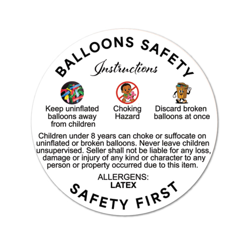 Round Balloons Safety Instructions 2"/4"Labels Allergens Latex Safety First Stickers Decals for Schools, Daycares, Classrooms, Parties, Public Venues, Vinyl Waterproof