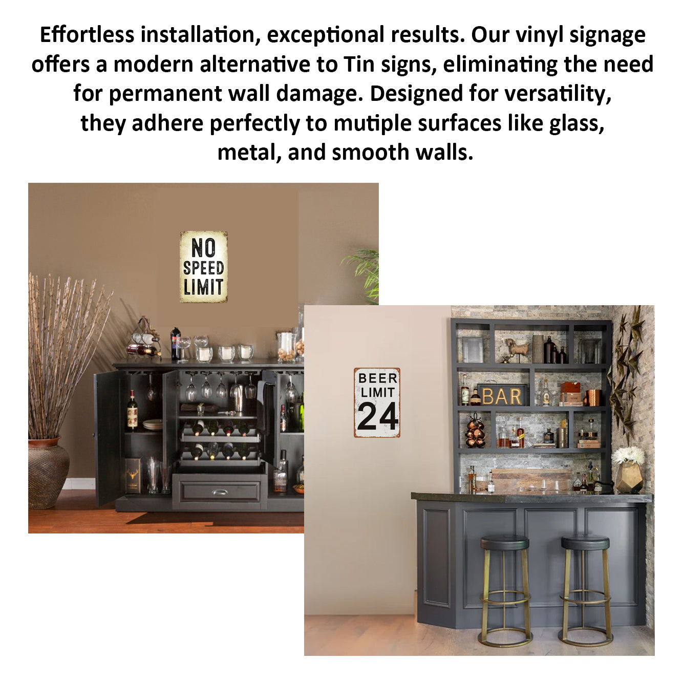 2 Pack  8"x12" Vintage Funny Bar Signs Vinyl Laminated Decals "No Speed Limit" & "Beer limit" Unique Gift Beer & Cocktail Lovers Home Bar Basement Garage Man Cave Rustic Art Poster Pub