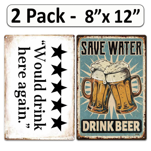 2 Pack  8"x12" Vintage Funny Bar Signs Vinyl Laminated Decals "Would Drink Here Again" & "Save Water Drink Beer" Unique Gift Beer Cocktail Lovers Home Pub Bar Basement Garage ManCave Rustic