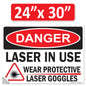 Danger Laser In Use Wear Protective Goggles Eyerwear OSHA WARNING Safety Hazard Label Sign Decal 6 mil Laminated Engineer Grade UV Protected ANSI NFPA Weather Resistant Indoor Outdoor