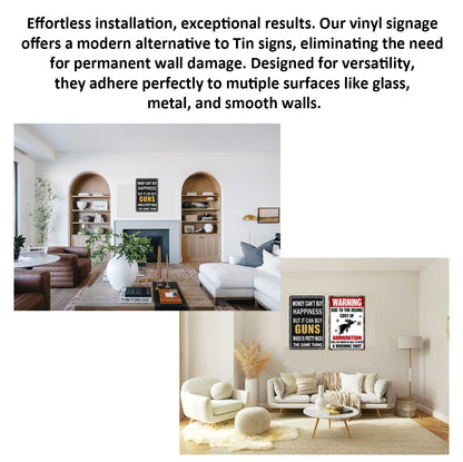 2 Pack  8"x12" Vintage Funny Gun Signs Vinyl Laminated Decals "Money Can'T Buy Happiness" & "Cost of Ammunition" Unique Gifts Gun Lovers Hunting Cabin Home Garage ManCave Shop Basement