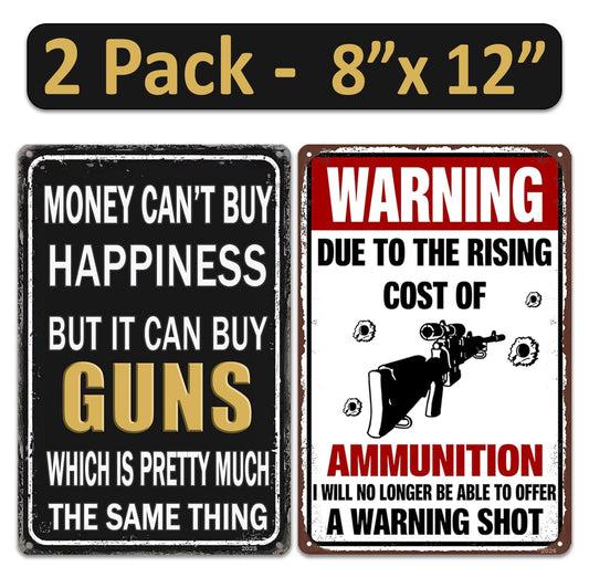 2 Pack  8"x12" Vintage Funny Gun Signs Vinyl Laminated Decals "Money Can'T Buy Happiness" & "Cost of Ammunition" Unique Gifts Gun Lovers Hunting Cabin Home Garage ManCave Shop Basement