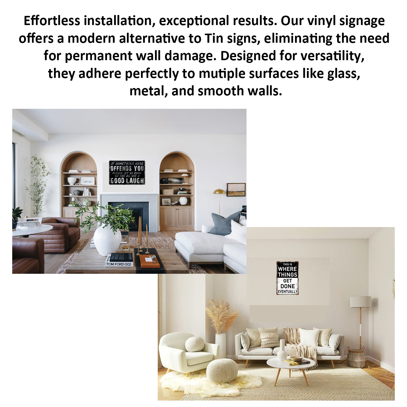 2 Pack  8"x12" Vintage Funny Garage Signs Vinyl Laminated Decals "Things Get Done Eventually" & "If something offends" Gift Home Garage ManCave Basement Workshop Toolshed Rustic Poster