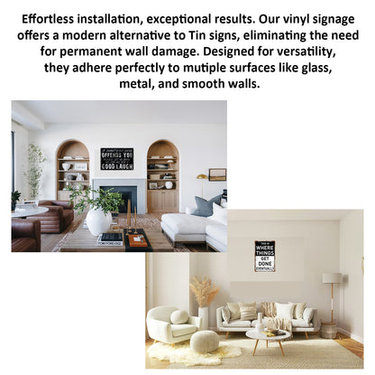 2 Pack  8"x12" Vintage Funny Garage Signs Vinyl Laminated Decals "Things Get Done Eventually" & "If something offends" Gift Home Garage ManCave Basement Workshop Toolshed Rustic Poster