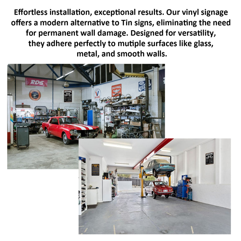 2 Pack  8"x12" Vintage Funny Workshop Signs Vinyl Laminated Decals "Mechanic Hourly Rates" & "Warning Sign" Unique Gift Handymen Mechanics Shop ManCave Dad's Shop Garage Basement Humor