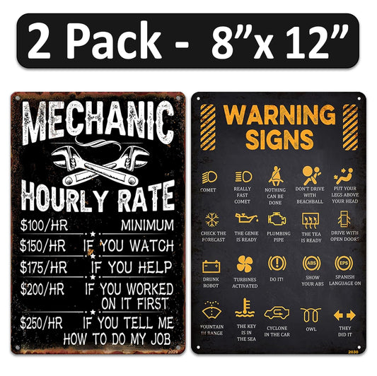 2 Pack  8"x12" Vintage Funny Workshop Signs Vinyl Laminated Decals "Mechanic Hourly Rates" & "Warning Sign" Unique Gift Handymen Mechanics Shop ManCave Dad's Shop Garage Basement Humor