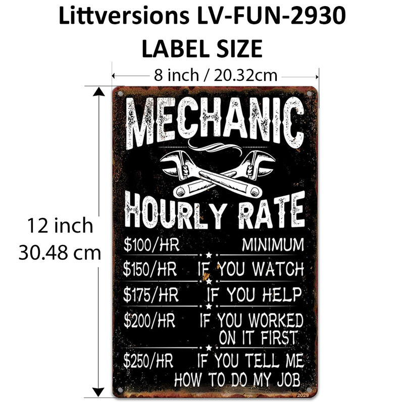 2 Pack  8"x12" Vintage Funny Workshop Signs Vinyl Laminated Decals "Mechanic Hourly Rates" & "Warning Sign" Unique Gift Handymen Mechanics Shop ManCave Dad's Shop Garage Basement Humor