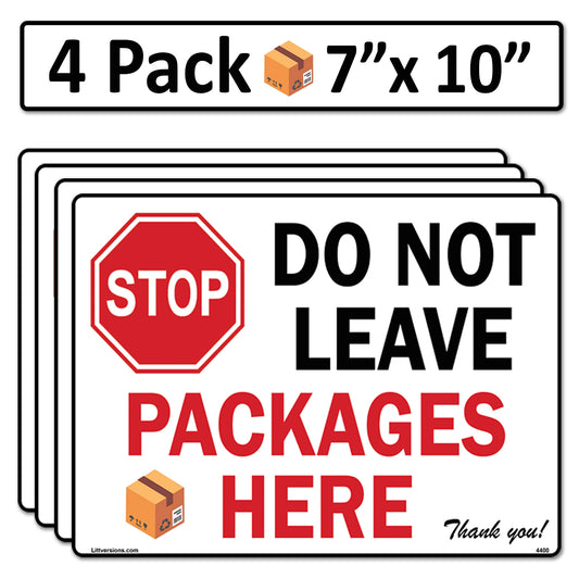 4 Pack 7"x10" Package Delivery Sign for Home, Office, Box, Front door, Porch Self-Adhesive "Do Not Leave Packages Here" Waterproof Sign for UPS, FedEx, Amazon, USPS, DHL Decal
