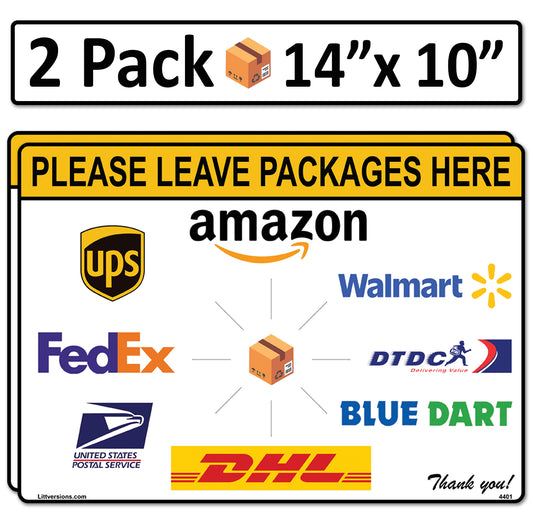 2 Pack 10"x14" Package Delivery Sign for Home, Office, Box, Front door, Porch Self-Adhesive "Please Leave Packages Here" Waterproof Sign for UPS, FedEx, Amazon, USPS, DHL Decal