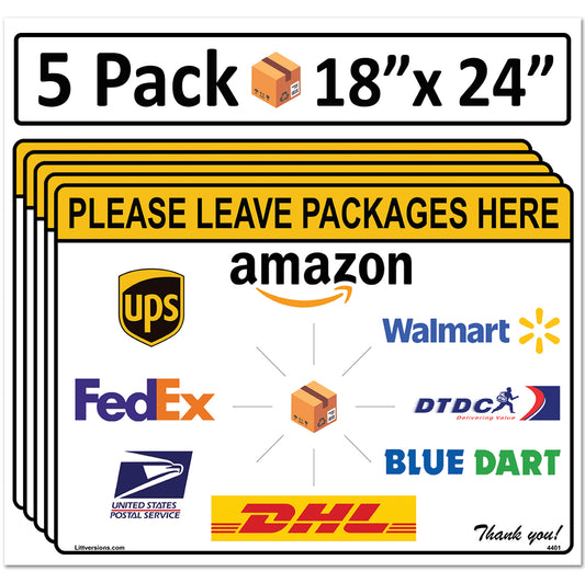5 Pack 18"x24" Package Delivery Sign for Home, Office, Box, Front door, Porch Self-Adhesive "Please Leave Packages Here" Waterproof Sign for UPS, FedEx, Amazon, USPS, DHL Decal