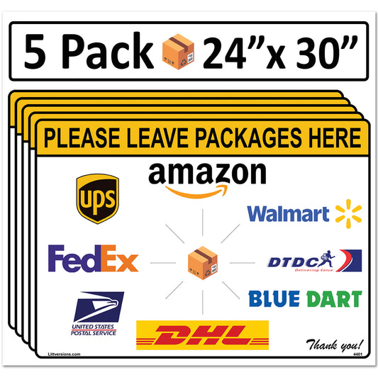 5 Pack 24"x30" Package Delivery Sign for Home, Office, Box, Front door, Porch Self-Adhesive "Please Leave Packages Here" Waterproof Sign for UPS, FedEx, Amazon, USPS, DHL Decal