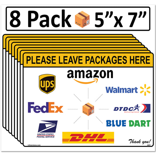 8 Pack 5"x7" Package Delivery Sign for Home, Office, Box, Front door, Porch Self-Adhesive "Please Leave Packages Here" Waterproof Sign for UPS, FedEx, Amazon, USPS, DHL Decal