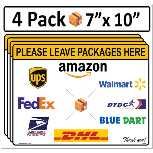 4 Pack 7"x10" Package Delivery Sign for Home, Office, Box, Front door, Porch Self-Adhesive "Please Leave Packages Here" Waterproof Sign for UPS, FedEx, Amazon, USPS, DHL Decal