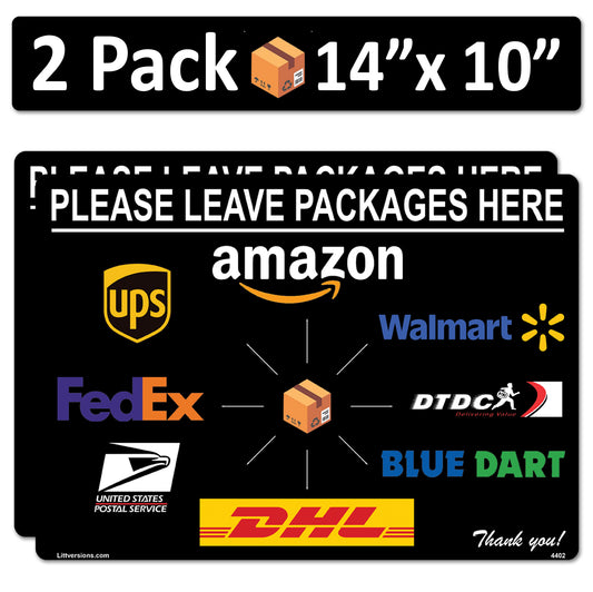 2 Pack 10"x14" Black Package Delivery Sign for Home, Office, Box, Front door, Porch Self-Adhesive "Please Leave Packages Here" Waterproof Sign for UPS, FedEx, Amazon, USPS Decal