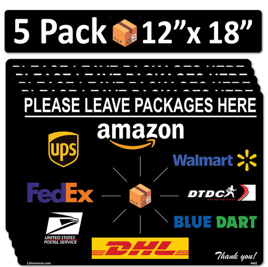 5 Pack 12"x18" Black Package Delivery Sign for Home, Office, Box, Front door, Porch Self-Adhesive "Please Leave Packages Here" Waterproof Sign for UPS, FedEx, Amazon, USPS Decal