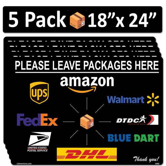 5 Pack 18"x24" Black Package Delivery Sign for Home, Office, Box, Front door, Porch Self-Adhesive "Please Leave Packages Here" Waterproof Sign for UPS, FedEx, Amazon, USPS Decal