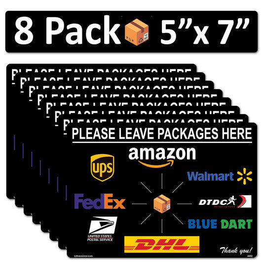 8 Pack 5"x7" Black Package Delivery Sign for Home, Office, Box, Front door, Porch Self-Adhesive "Please Leave Packages Here" Waterproof Sign for UPS, FedEx, Amazon, USPS Decal