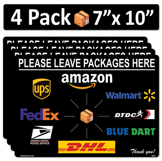 4 Pack 7"x10" Black Package Delivery Sign for Home, Office, Box, Front door, Porch Self-Adhesive "Please Leave Packages Here" Waterproof Sign for UPS, FedEx, Amazon, USPS Decal