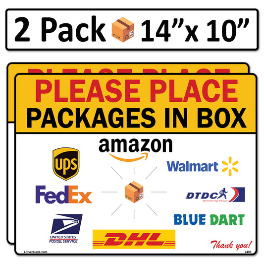 2 Pack 10"x14" Package Delivery Sign for Home, Office, Box, Front door, Porch Self-Adhesive "Place Packages in Box" Waterproof Sign for UPS, FedEx, Amazon, USPS, DHL Decal