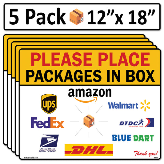 5 Pack 12"x18" Package Delivery Sign for Home, Office, Box, Front door, Porch Self-Adhesive "Place Packages in Box" Waterproof Sign for UPS, FedEx, Amazon, USPS, DHL Decal